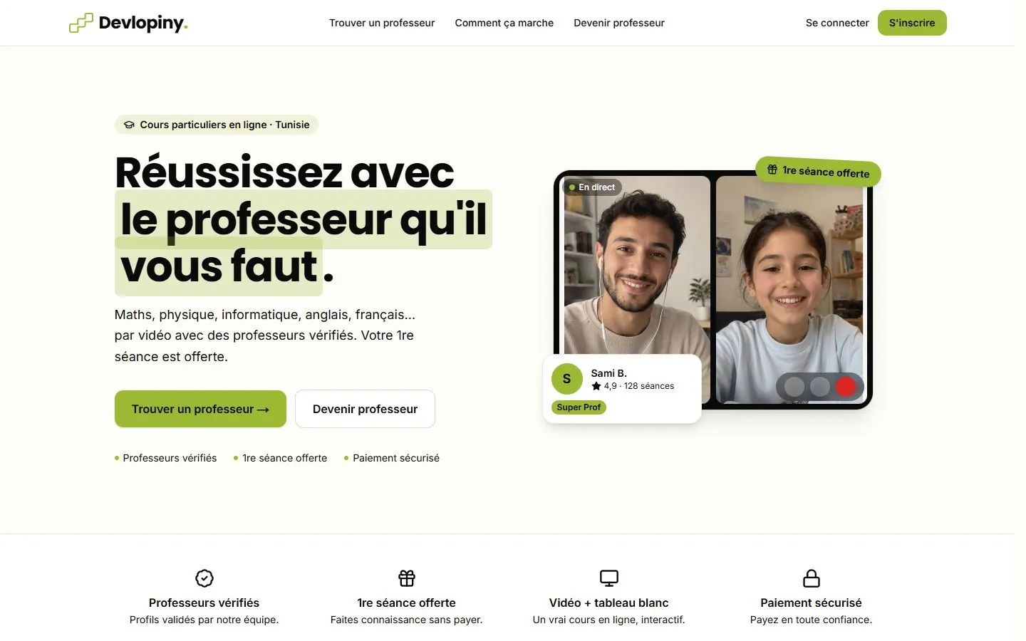 Page d’accueil de Devlopiny, cours particuliers en ligne en Tunisie.