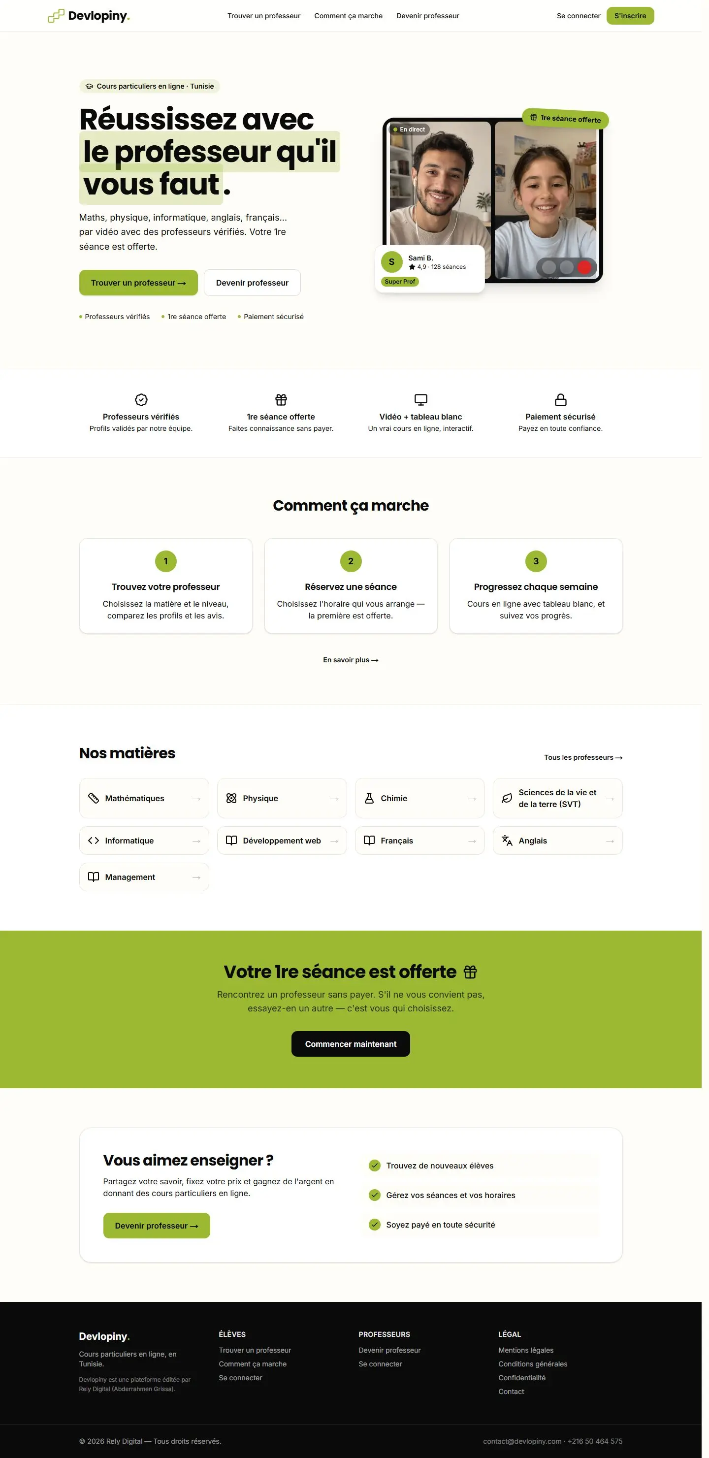 Page d’accueil de Devlopiny, cours particuliers en ligne en Tunisie.